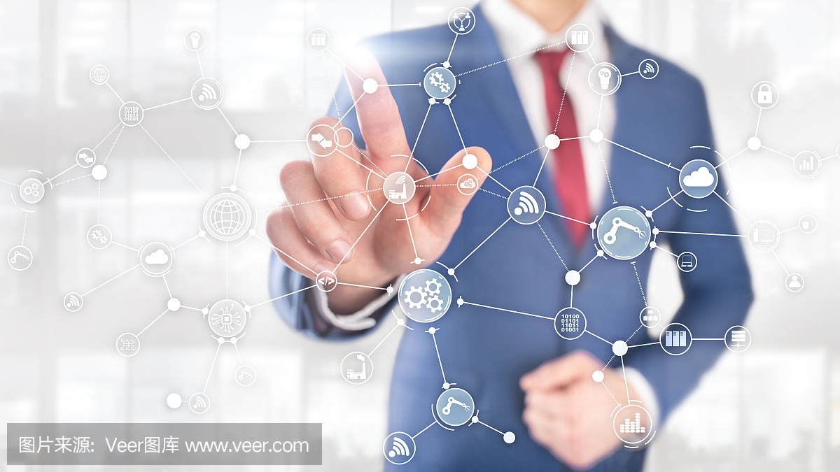 虛擬屏幕上的技術工業業務流程工作流組織結構。物聯網智能行業概念混合媒體圖。